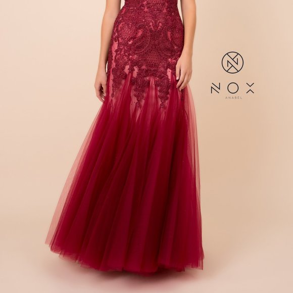 NEW LONG OFF THE SHOULDER SLEEVELESS CHIFFON DRESS EMBROIDERED WITH LACE NX J325 - Picture 5 of 8
